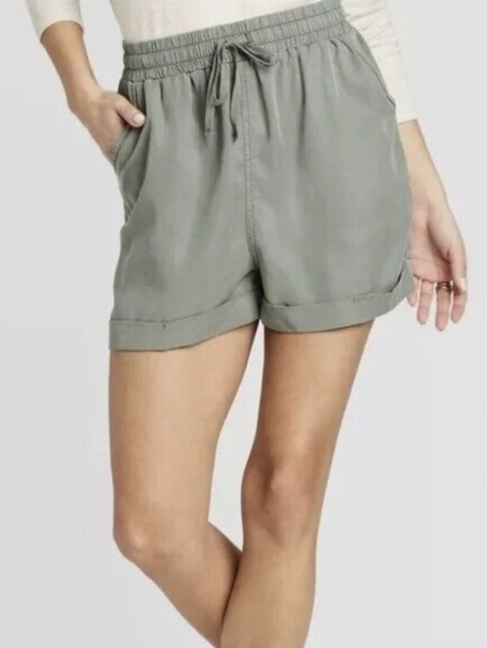 Universal Thread Olive Sage Lyocell Elastic-Waist Utility Sustainable Shorts M